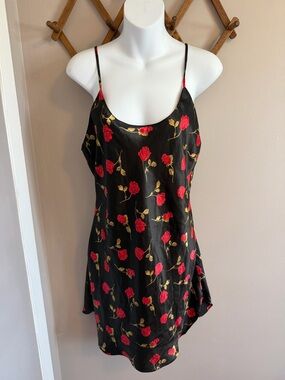 Versailles Vintage Rose Print Lace-up Satin Slip Dress Black Size Medium